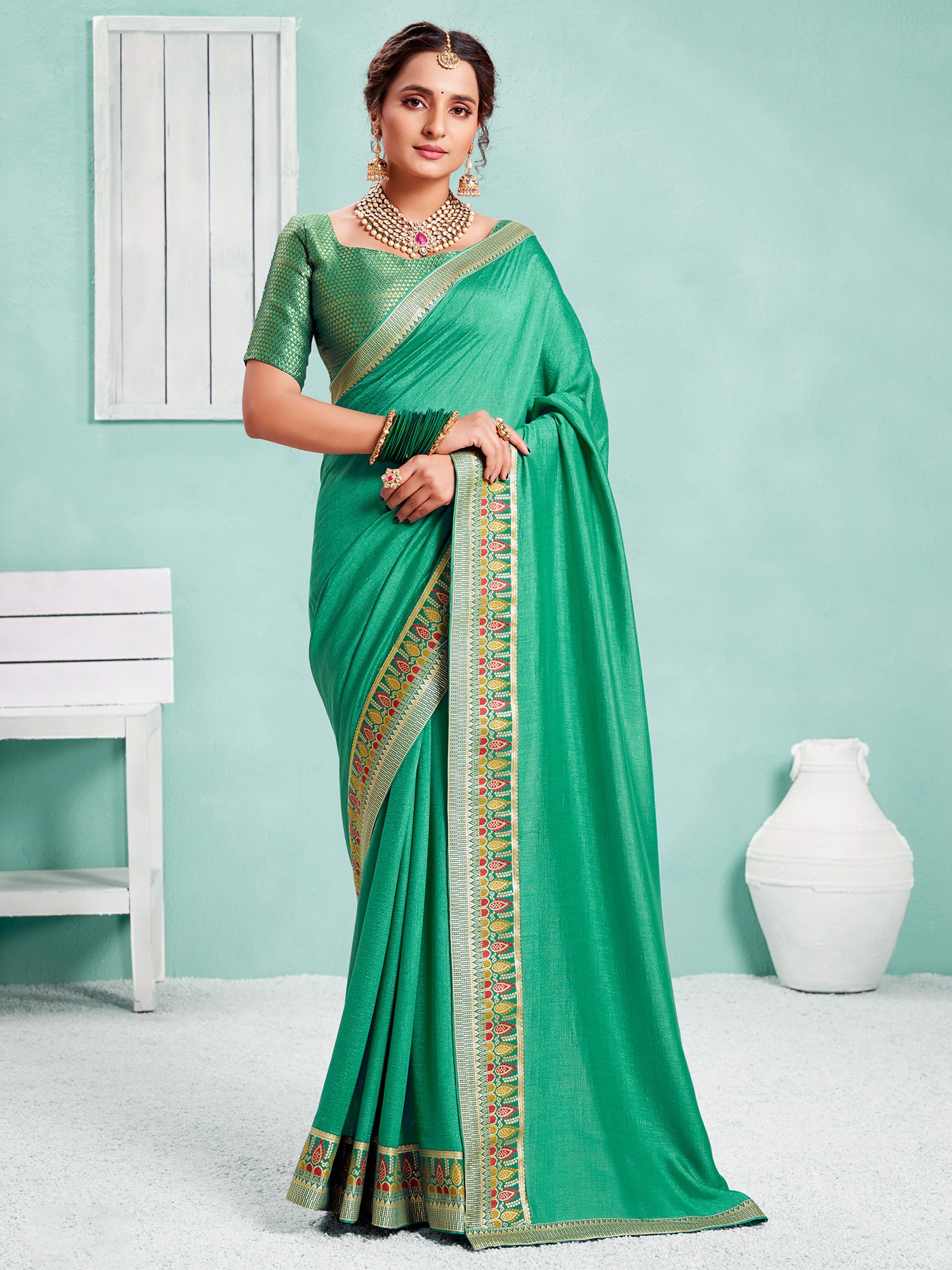 Women's Vichitra Silk Sea Green Embellished Designer Saree With Blouse Piece