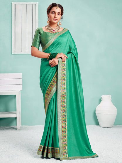Women's Vichitra Silk Sea Green Embellished Designer Saree With Blouse Piece