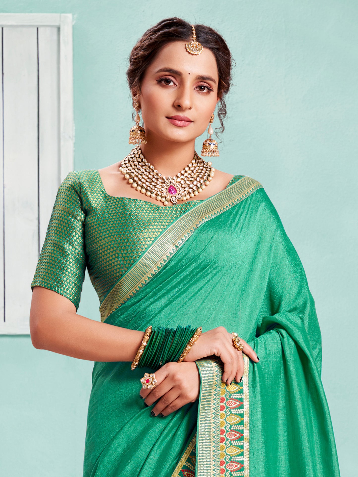 Women's Vichitra Silk Sea Green Embellished Designer Saree With Blouse Piece