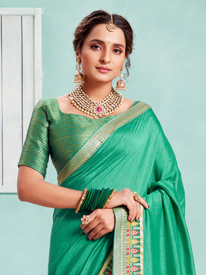 Women's Vichitra Silk Sea Green Embellished Designer Saree With Blouse Piece