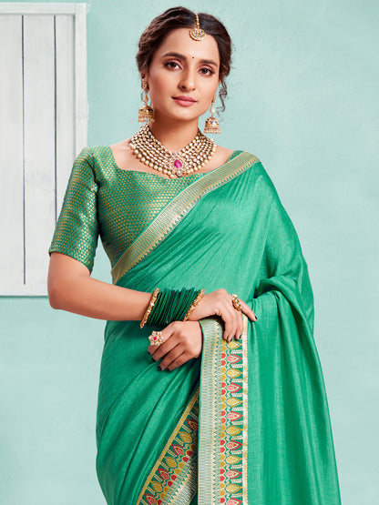 Women's Vichitra Silk Sea Green Embellished Designer Saree With Blouse Piece