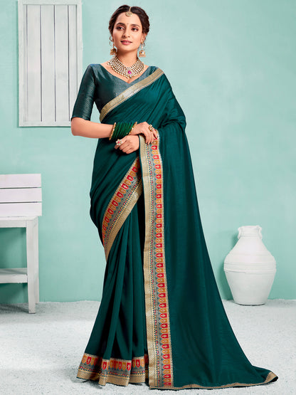 Women's Vichitra Silk Teal blue Embellished Designer Saree With Blouse Piece
