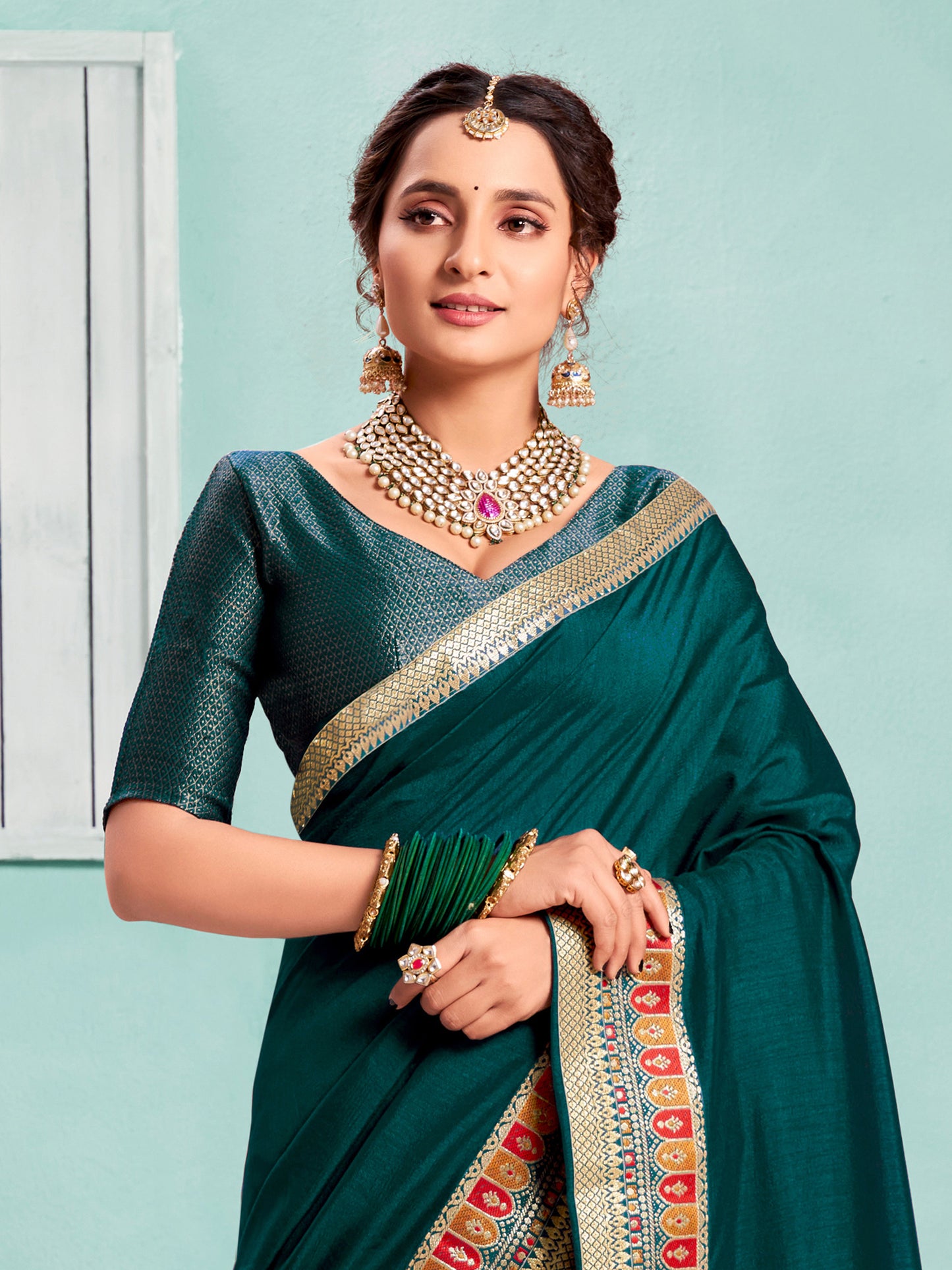 Women's Vichitra Silk Teal blue Embellished Designer Saree With Blouse Piece