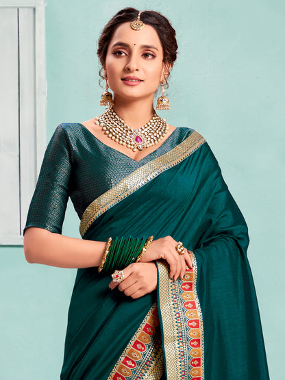 Women's Vichitra Silk Teal blue Embellished Designer Saree With Blouse Piece