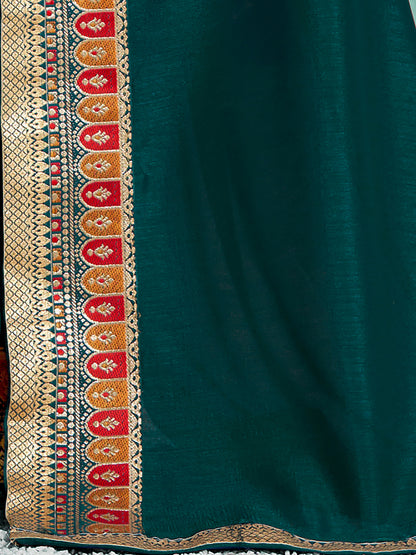 Women's Vichitra Silk Teal blue Embellished Designer Saree With Blouse Piece