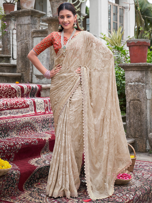 Women's Chiffon Cream Embellished Designer Saree With Blouse Piece
