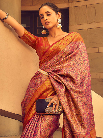 Women's Silk Blend Mauve Woven Design Designer Saree With Blouse Piece