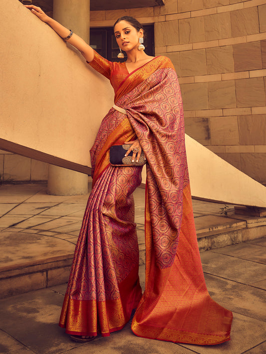 Women's Silk Blend Mauve Woven Design Designer Saree With Blouse Piece