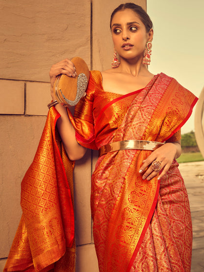 Women's Silk Blend Peach Woven Design Designer Saree With Blouse Piece