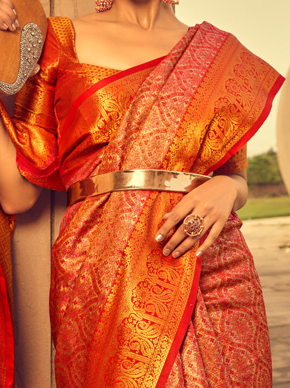 Women's Silk Blend Peach Woven Design Designer Saree With Blouse Piece