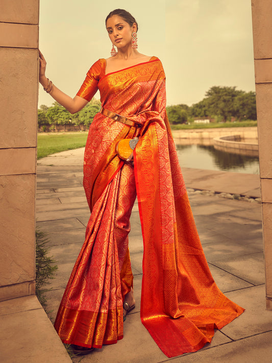 Women's Silk Blend Peach Woven Design Designer Saree With Blouse Piece
