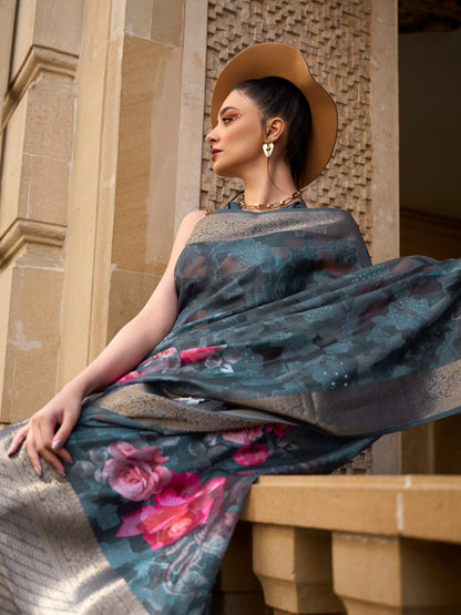 Women's Brasso Charcoal Grey Embellished Designer Saree With Blouse Piece