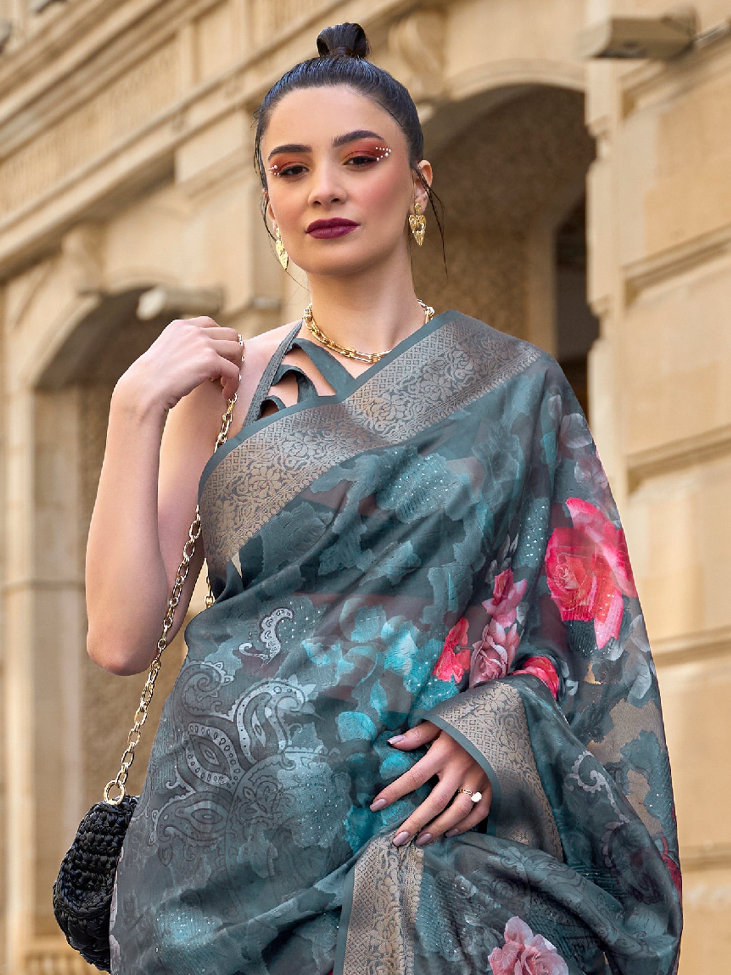 Women's Brasso Charcoal Grey Embellished Designer Saree With Blouse Piece