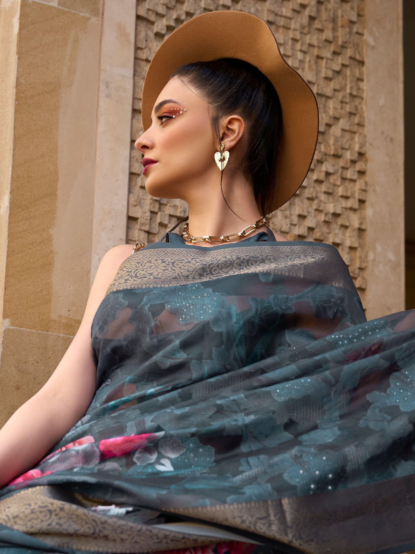 Women's Brasso Charcoal Grey Embellished Designer Saree With Blouse Piece