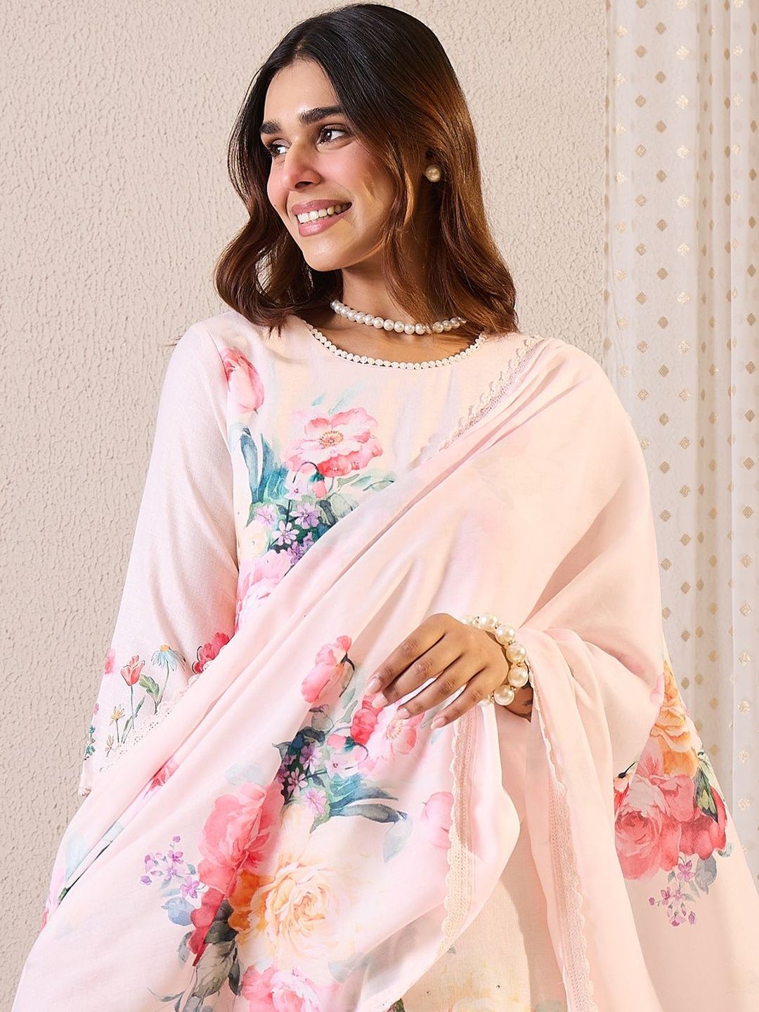 Floral Printed Round Neck Linen Straight Kurta & Trousers With Dupatta