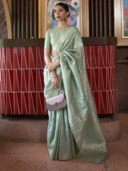 Women's Silk Blend Sea Green Woven Design Designer Saree With Blouse Piece
