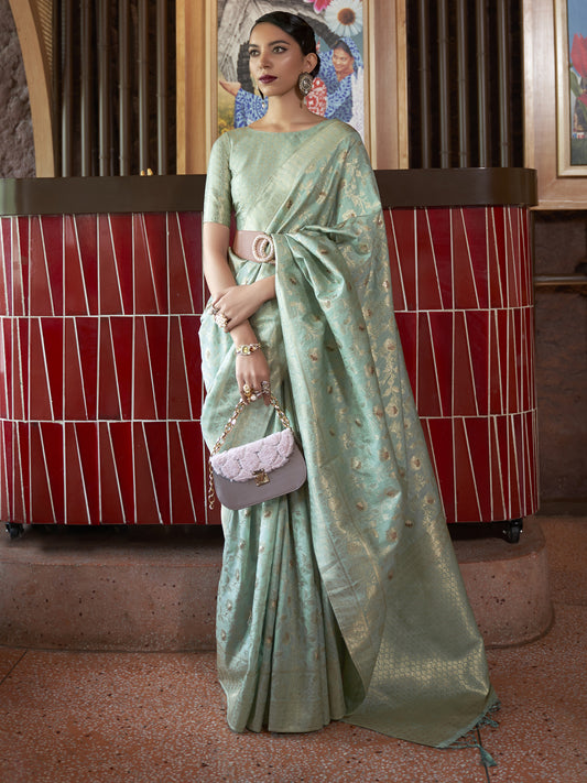 Women's Silk Blend Sea Green Woven Design Designer Saree With Blouse Piece