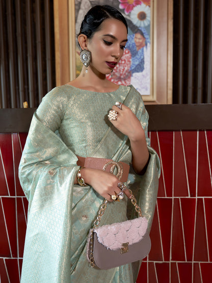 Women's Silk Blend Sea Green Woven Design Designer Saree With Blouse Piece