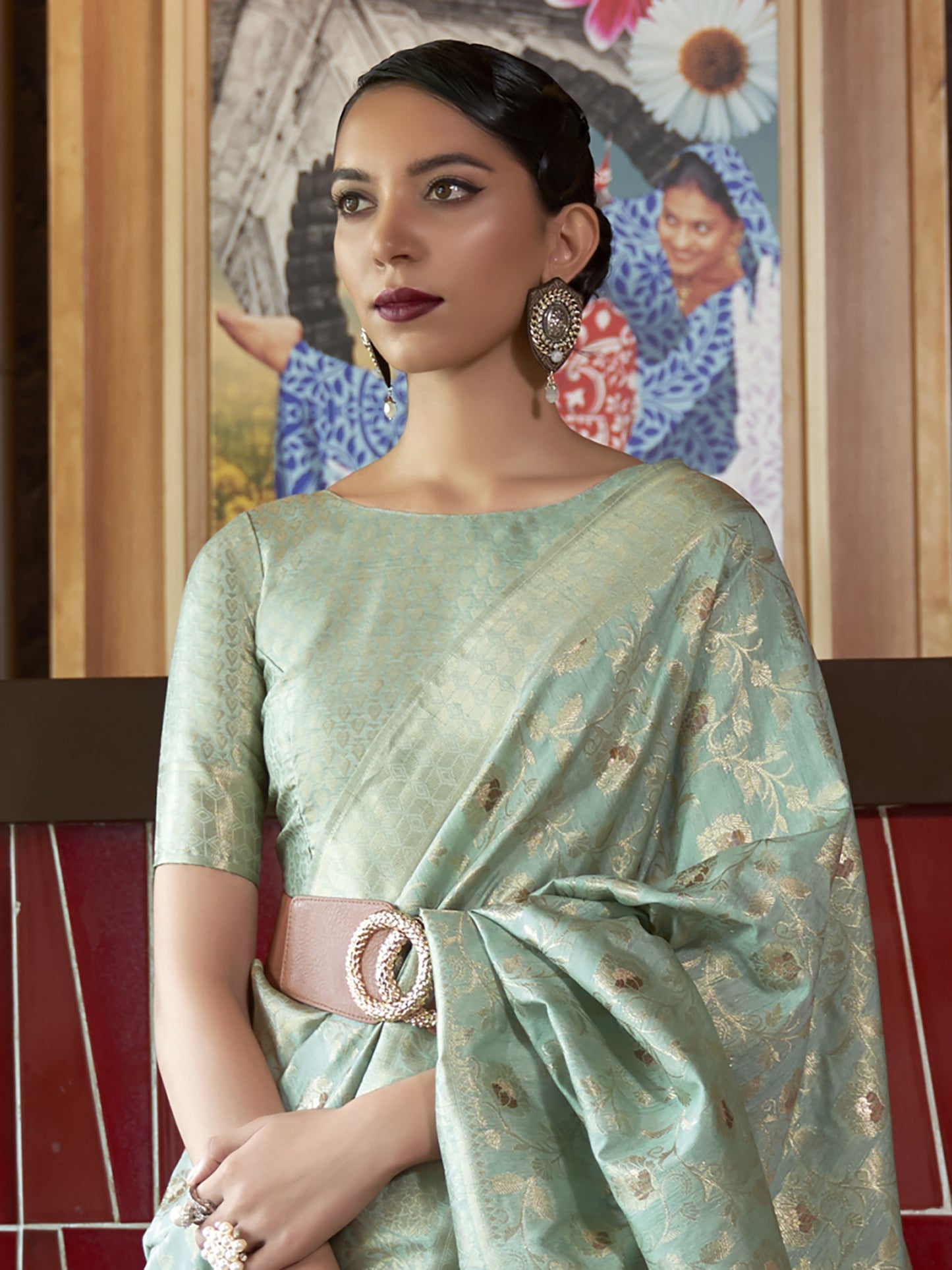 Women's Silk Blend Sea Green Woven Design Designer Saree With Blouse Piece