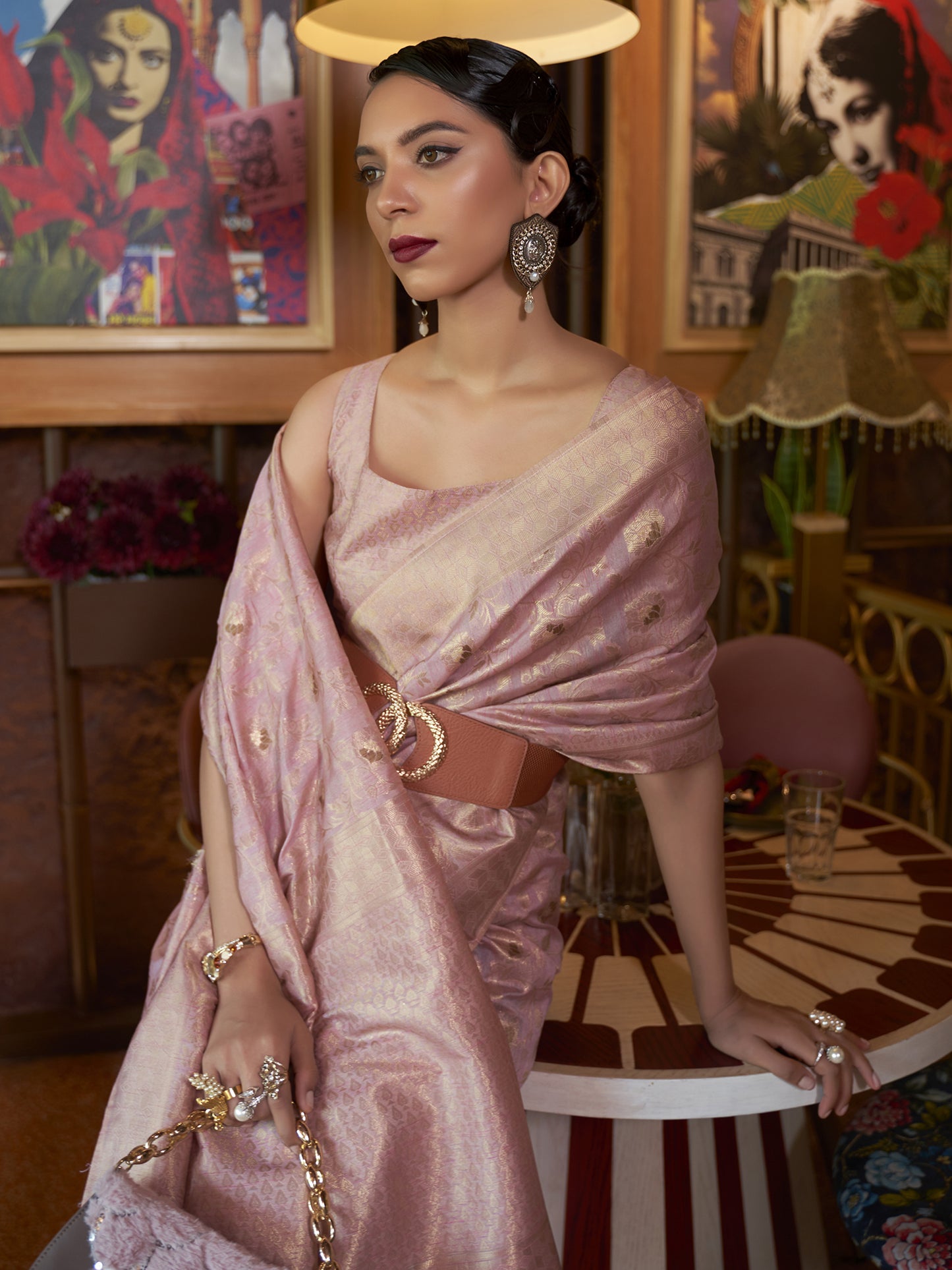 Women's Silk Blend Mauve Woven Design Designer Saree With Blouse Piece