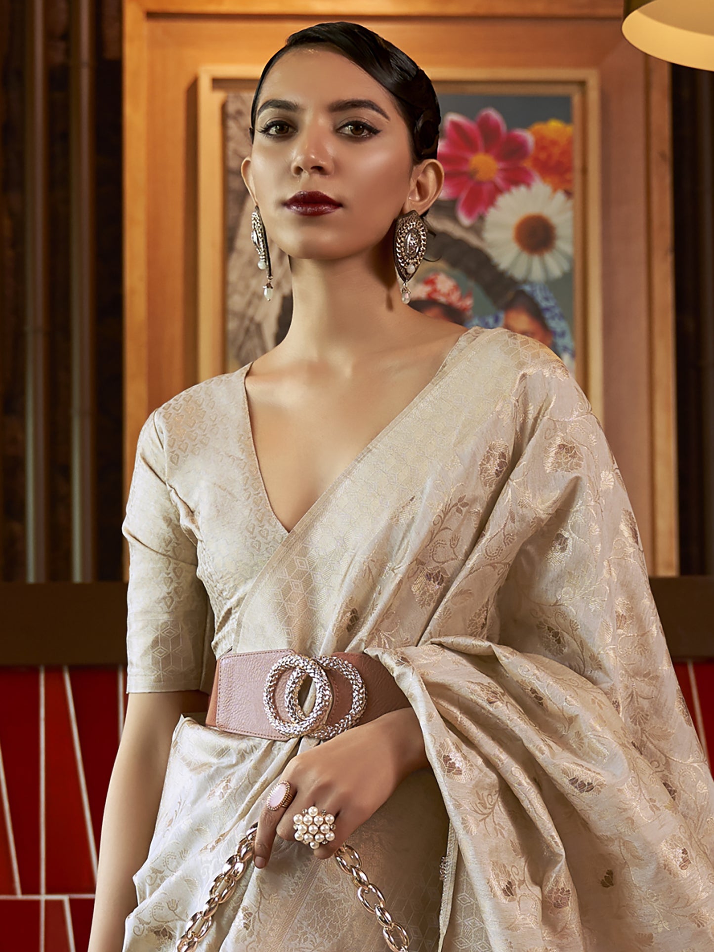 Women's Silk Blend Cream Woven Design Designer Saree With Blouse Piece