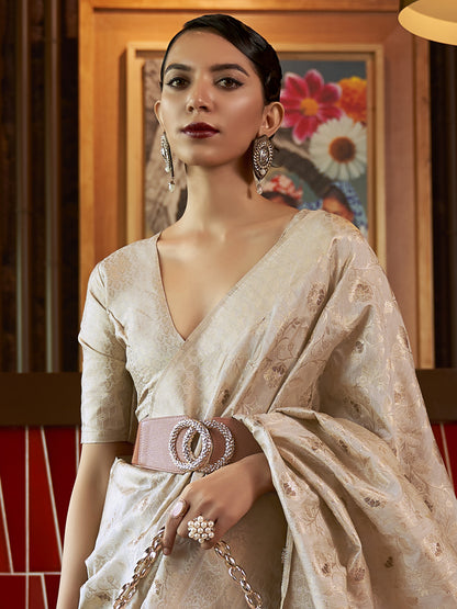 Women's Silk Blend Cream Woven Design Designer Saree With Blouse Piece