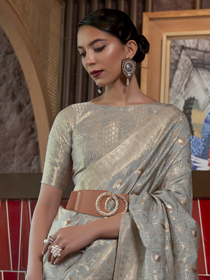 Women's Silk Blend Grey Woven Design Designer Saree With Blouse Piece