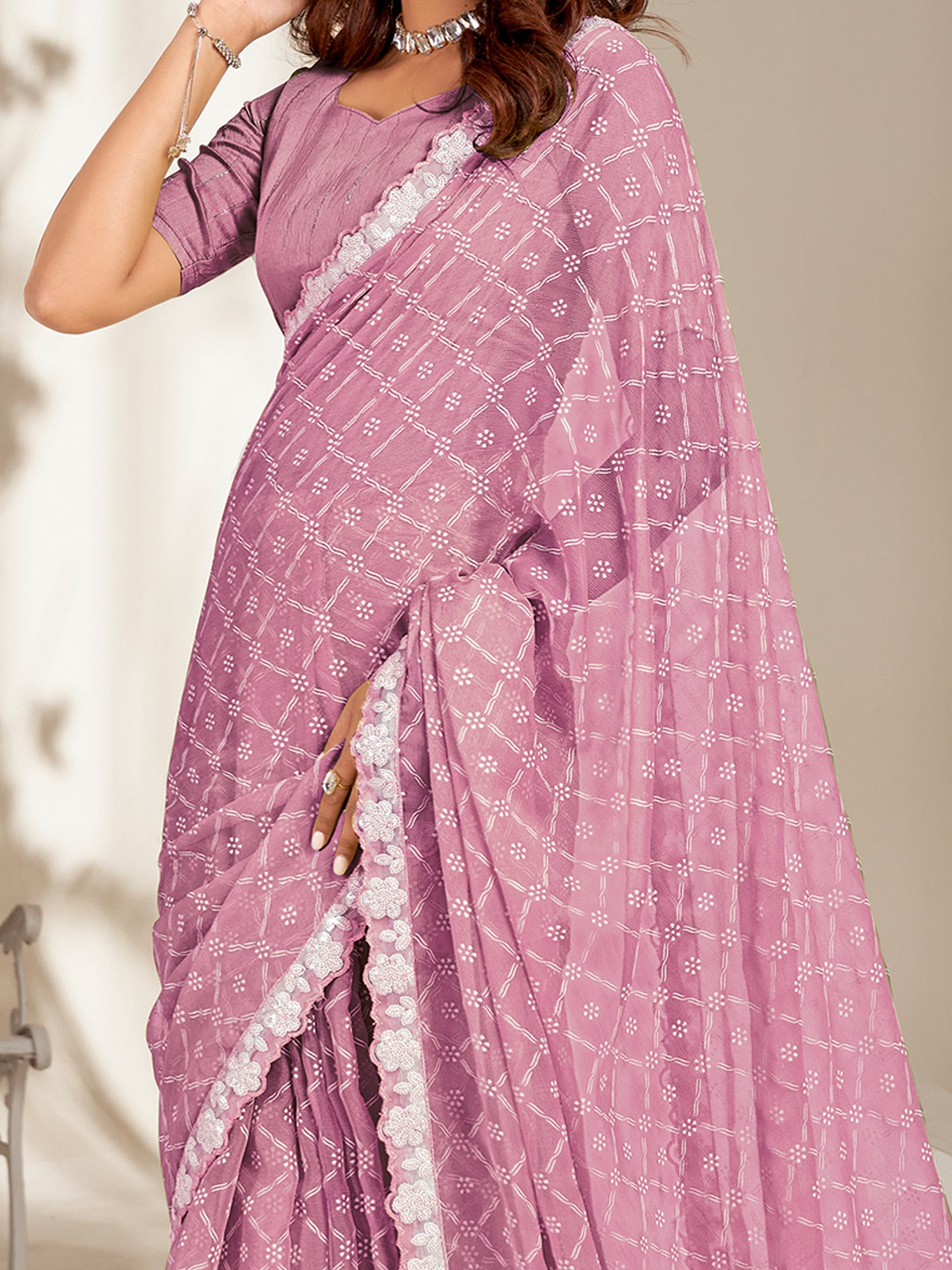 Women's Chiffon Lavendar Embellished Designer Saree With Blouse Piece