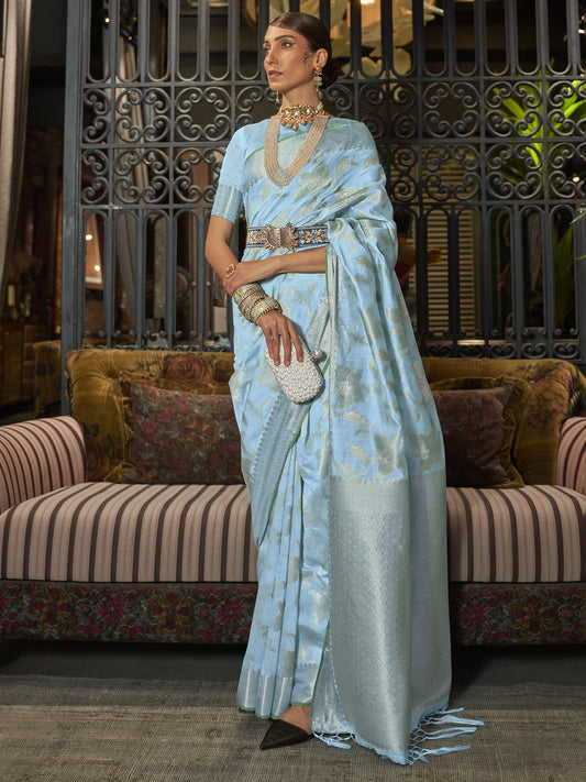 Women's Silk Blend Turquoise Woven Design Designer Saree With Blouse Piece