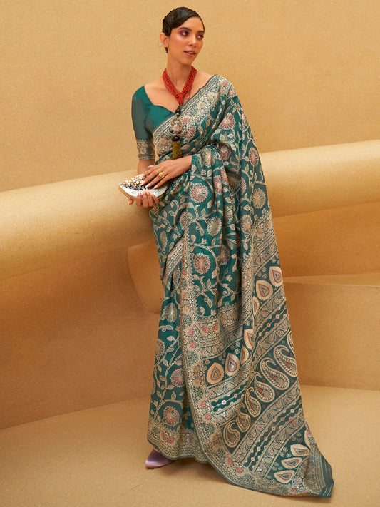 Women's Silk Blend Teal blue Woven Design Designer Saree With Blouse Piece