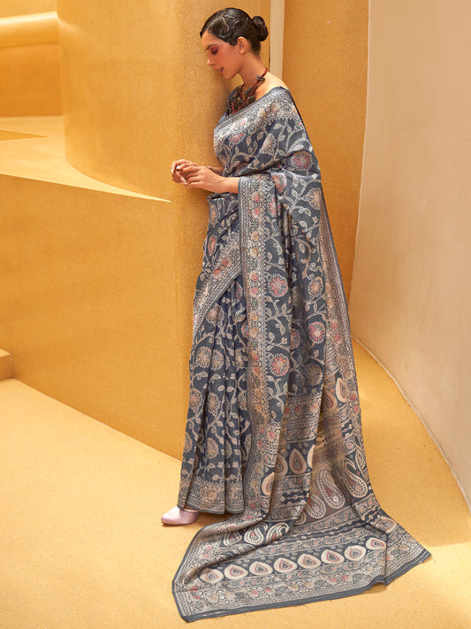 Women's Silk Blend Grey Woven Design Designer Saree With Blouse Piece