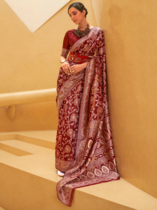Women's Silk Blend Maroon Woven Design Designer Saree With Blouse Piece