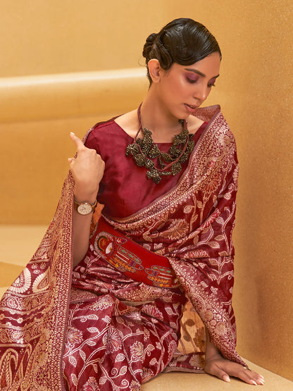 Women's Silk Blend Maroon Woven Design Designer Saree With Blouse Piece