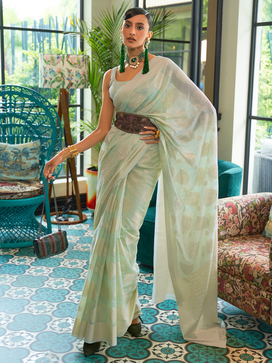 Women's Silk Blend Green Chikankari Designer Saree With Blouse Piece