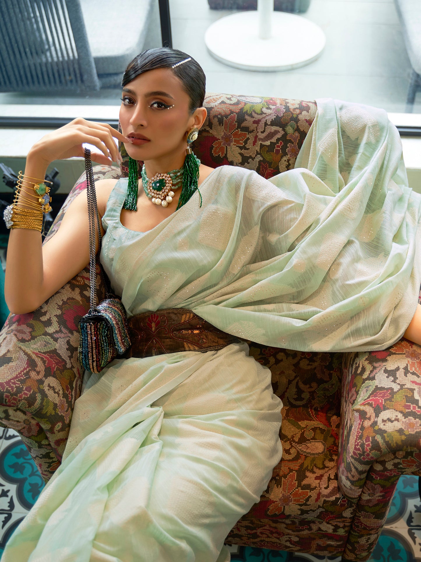 Women's Silk Blend Green Chikankari Designer Saree With Blouse Piece