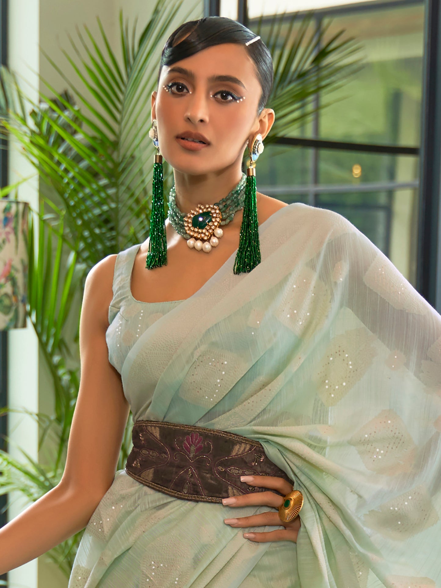 Women's Silk Blend Green Chikankari Designer Saree With Blouse Piece