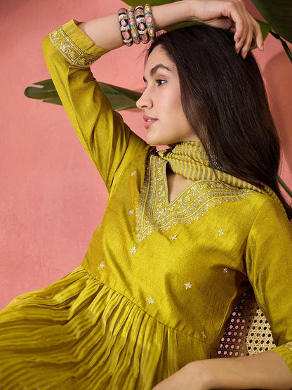 Dhiyona SN Women's Mustard Floral Embroidered V-Neck Kurta With Pant And Dupatta