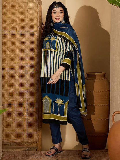 Dhiyona SN Women's Striped Round Neck Sequinned Pure Cotton Straight Kurta with Trousers & Dupatta