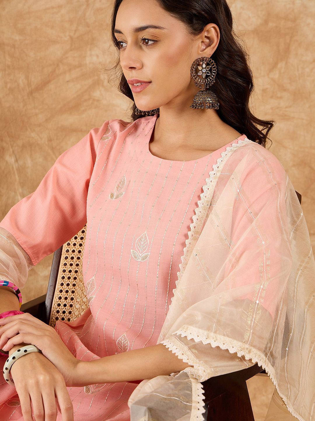 Ethnic Motifs Embroidered Sequinned Straight Kurta With Trousers & Dupatta