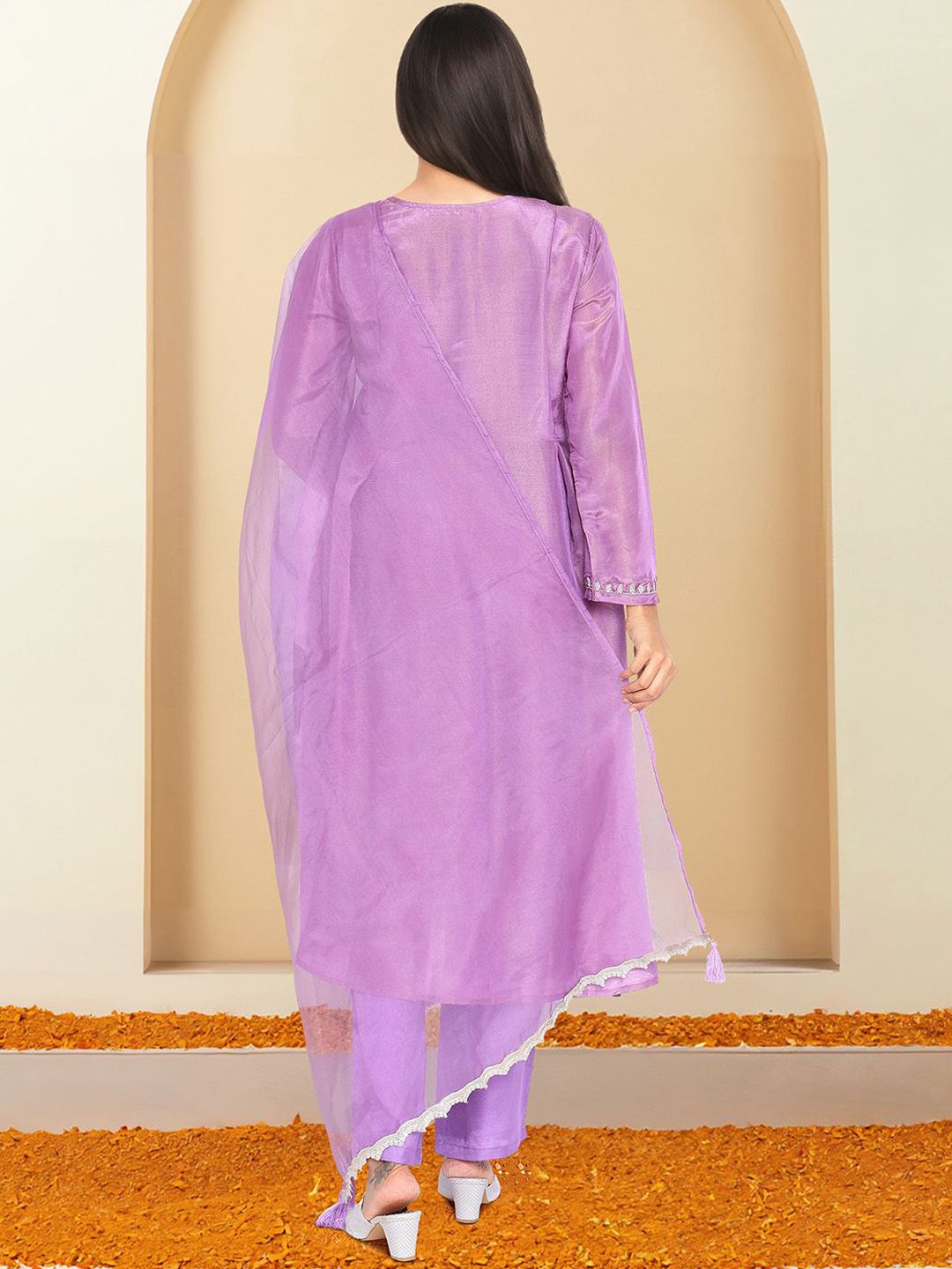 Dhiyona IS Women's Embroidered Thread Work A-Line Kurta with Trousers & Dupatta