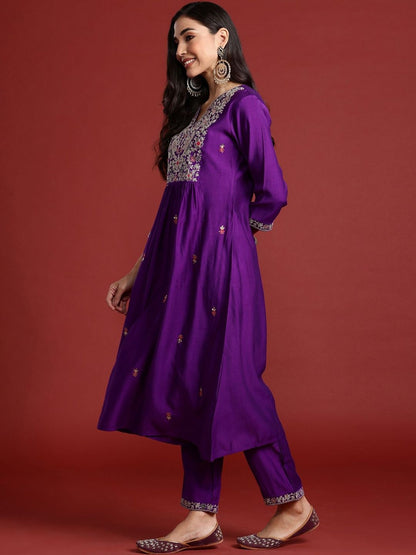Ethnic Motifs Embroidered Thread Work A-Line Kurta With Trouser And Dupatta