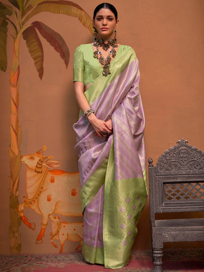 Women's Silk Blend Light Green Woven Design Designer Saree With Blouse Piece