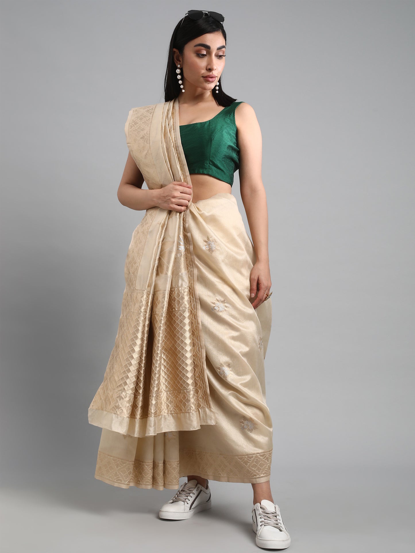 Women's Silk Blend Cream Woven Design Celebrity Saree With Blouse Piece