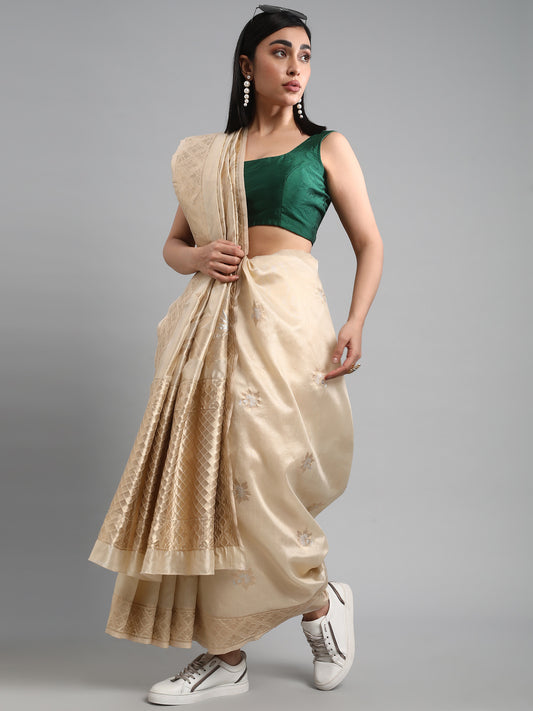 Women's Silk Blend Cream Woven Design Celebrity Saree With Blouse Piece