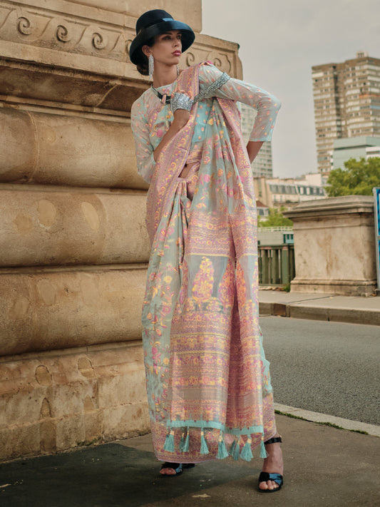 Women's Organza Light Blue Woven Design Designer Saree With Blouse Piece