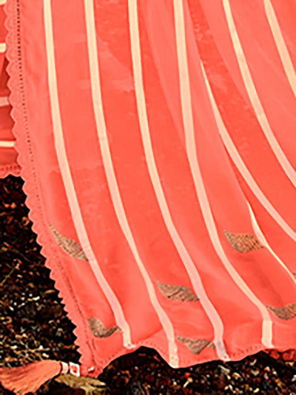 Women's Georgette Peach Embellished Designer Saree With Blouse Piece