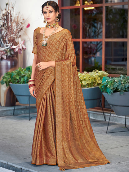 Women's Pure Silk Brown Embellished Designer Saree With Blouse Piece
