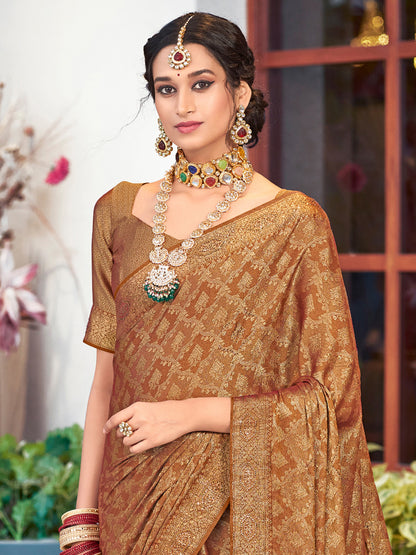 Women's Pure Silk Brown Embellished Designer Saree With Blouse Piece