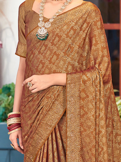 Women's Pure Silk Brown Embellished Designer Saree With Blouse Piece