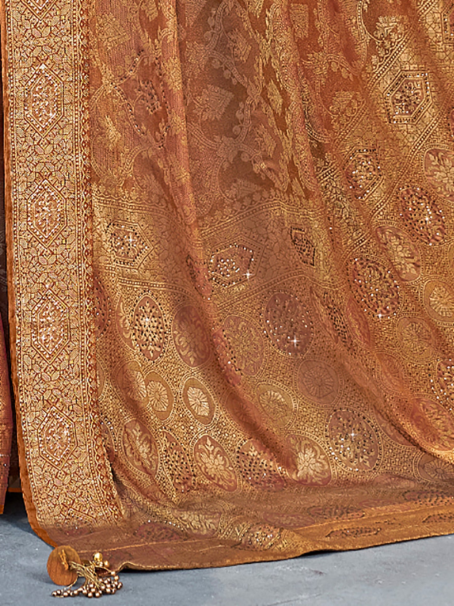 Women's Pure Silk Brown Embellished Designer Saree With Blouse Piece